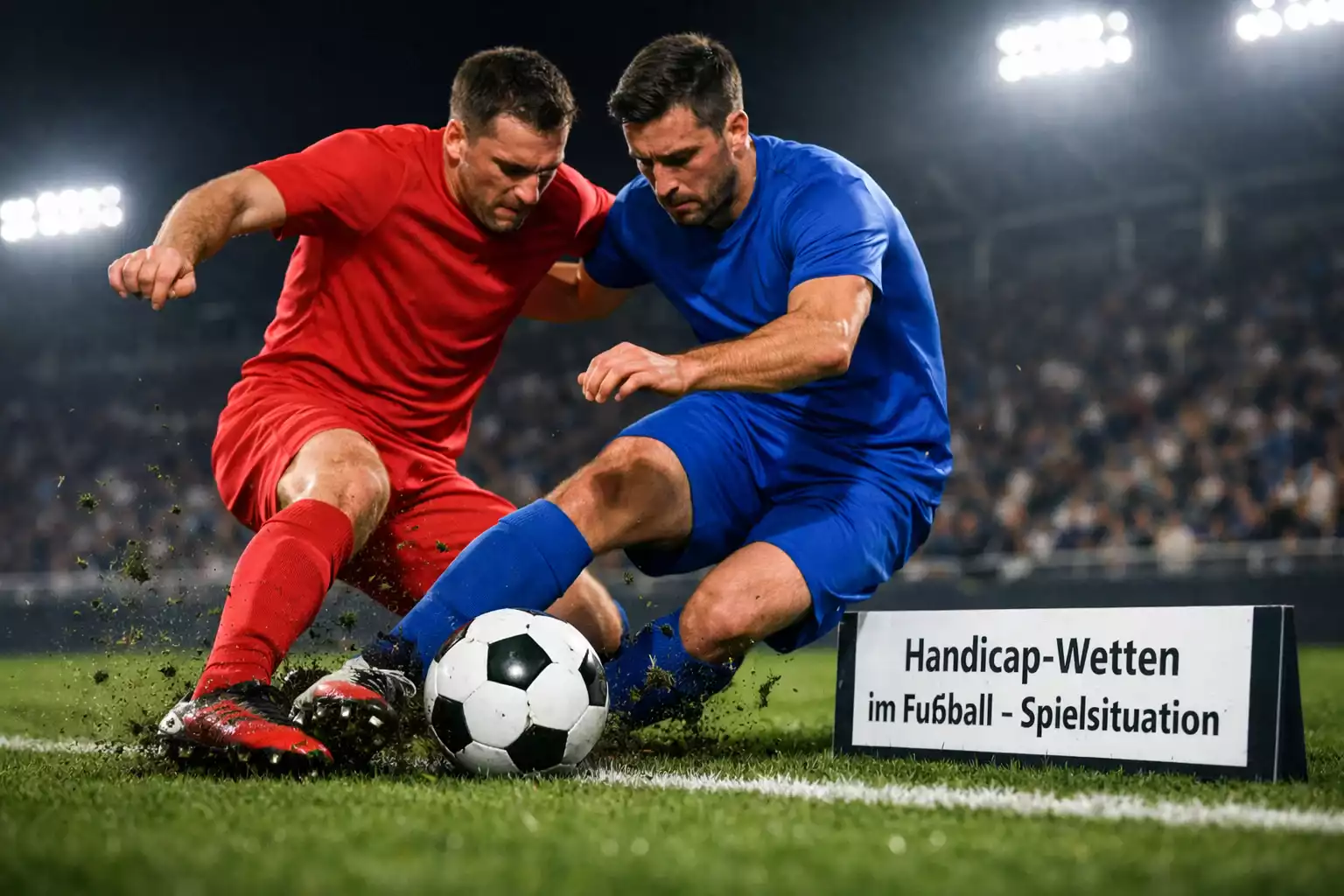 Fußballspieler im Zweikampf auf dem Rasen, symbolisiert Handicap-Vorteil