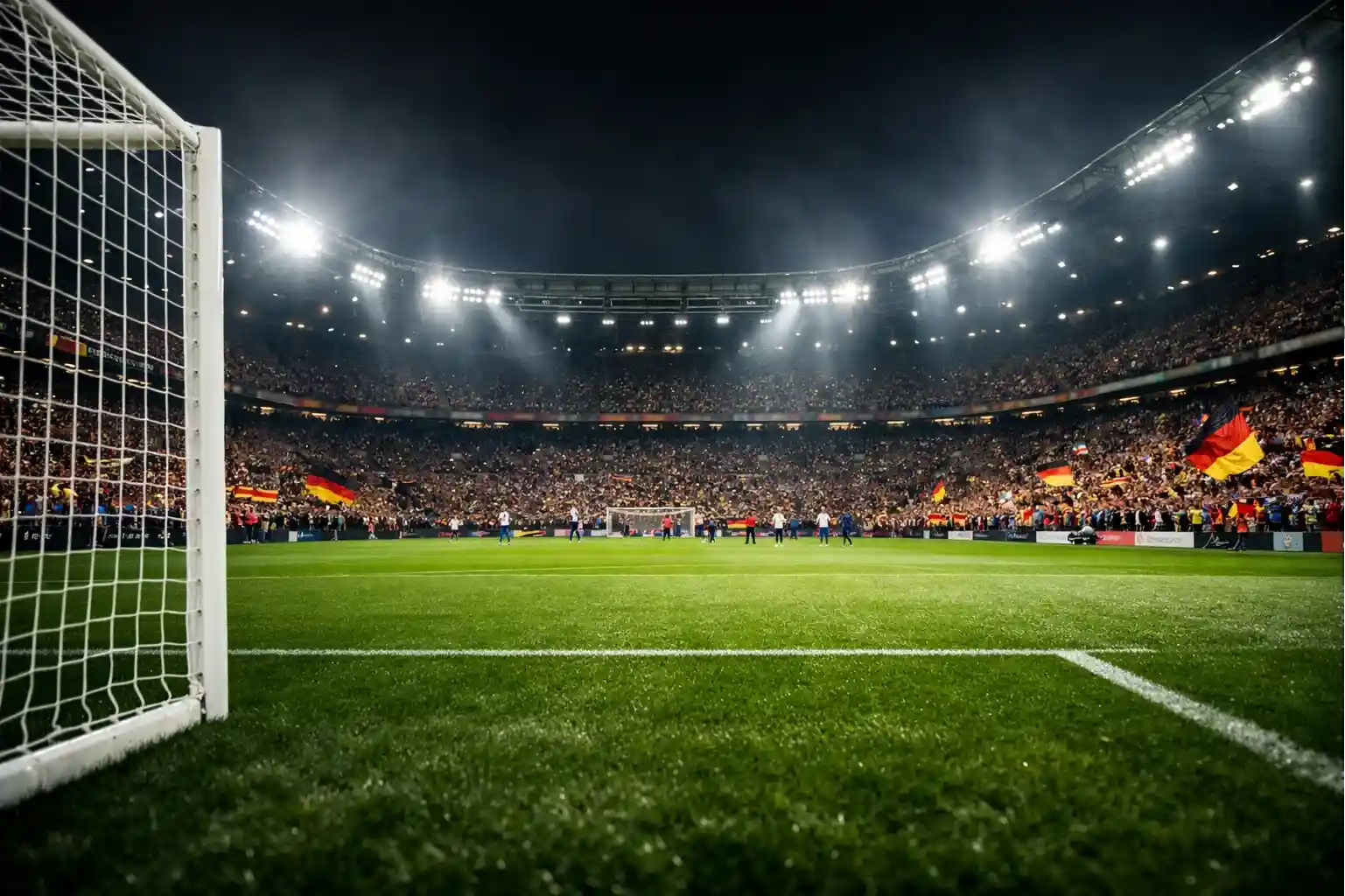 Blick ins ausverkaufte Bundesliga-Stadion bei Flutlicht mit Fans auf den Tribünen