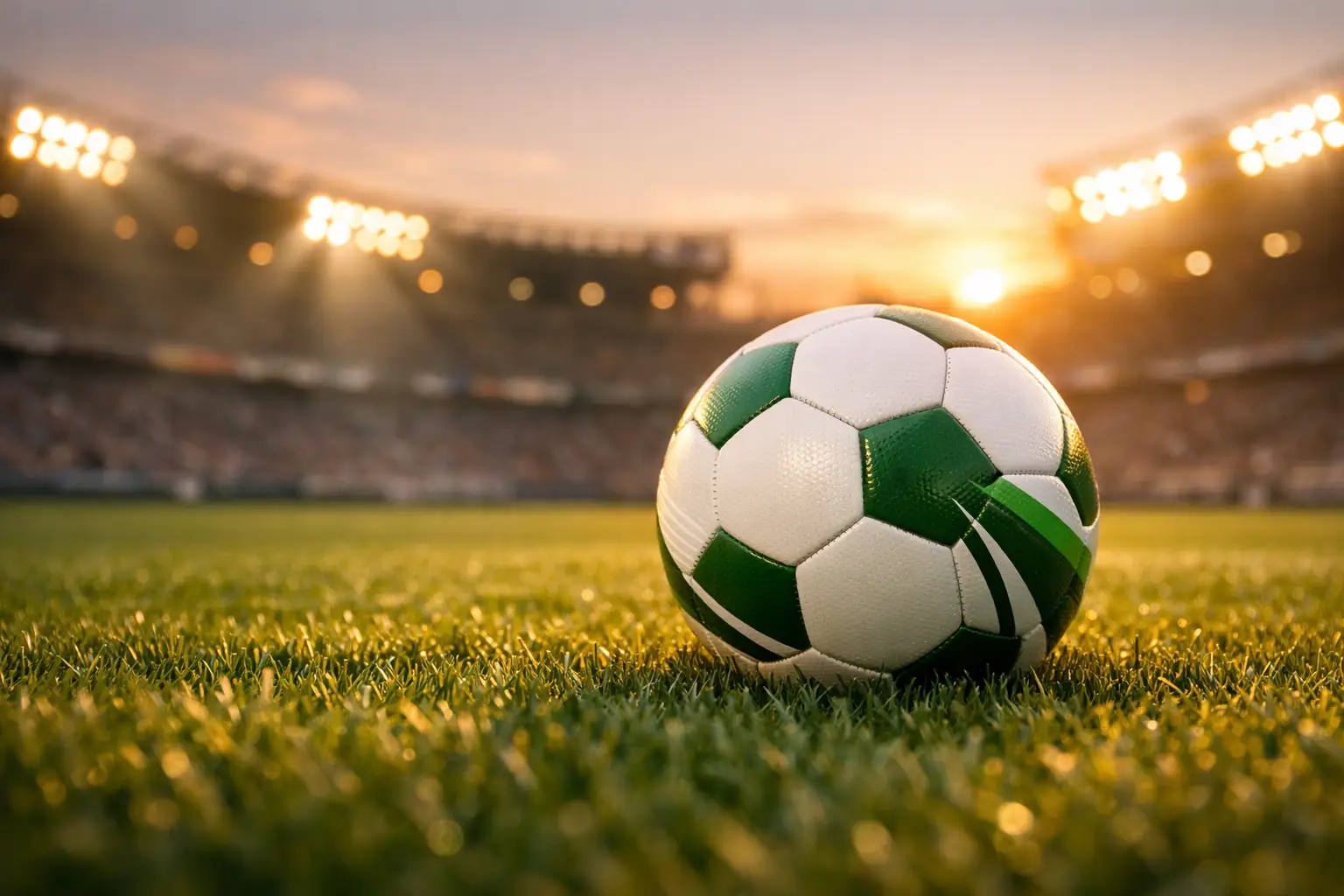 Fußball auf dem Rasen eines Bundesliga-Stadions bei Flutlicht