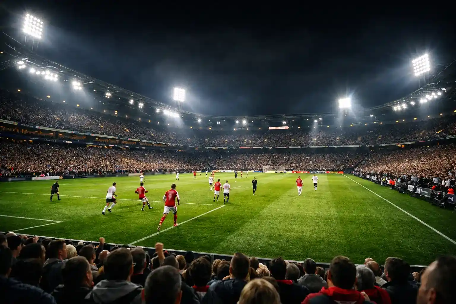 Blick auf ein beleuchtetes Fußballstadion bei Nacht mit laufendem Spiel auf dem Rasen