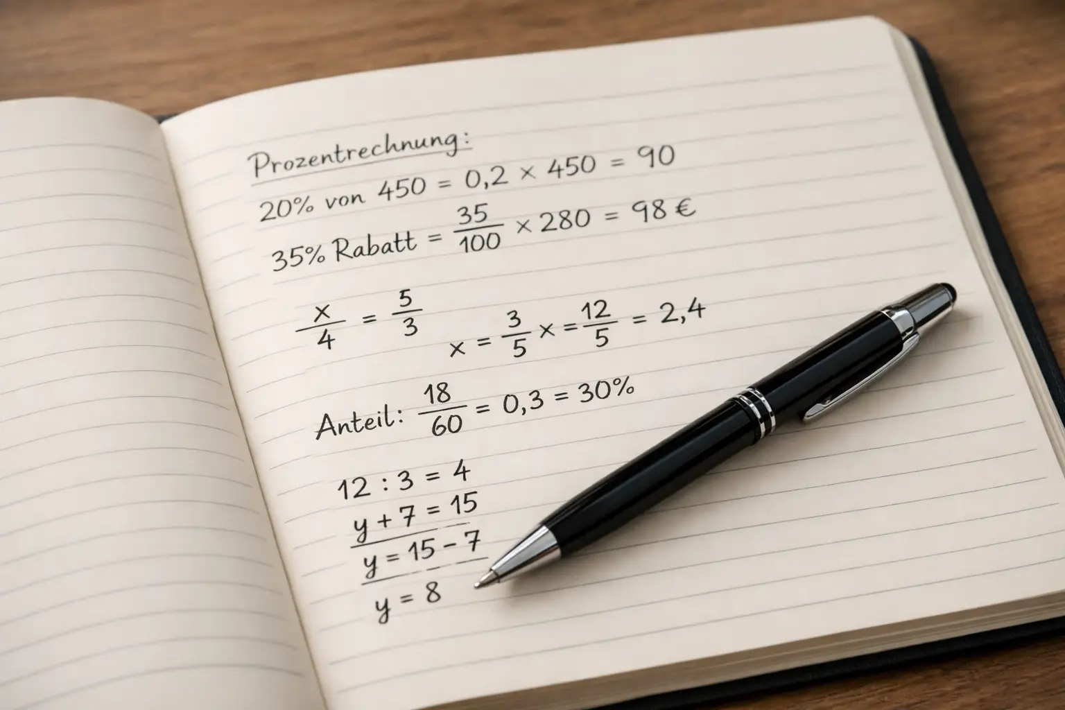 Offenes Notizbuch mit handgeschriebenen Formeln und Berechnungen neben einem Stift auf einem Schreibtisch