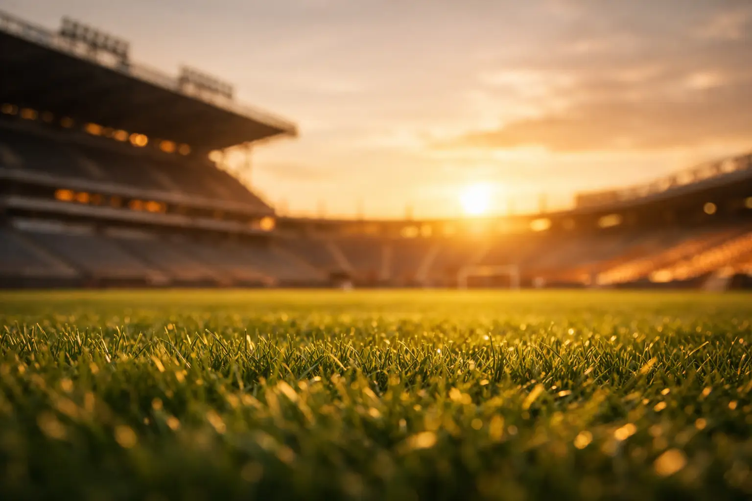 Fußballstadion mit leuchtenden Anzeigetafeln bei Abenddämmerung