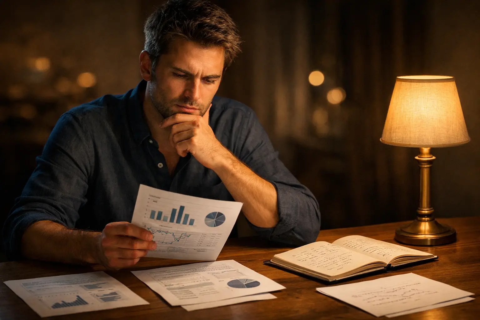 Mann studiert konzentriert Statistiken und Notizen an einem Schreibtisch bei warmem Lampenlicht