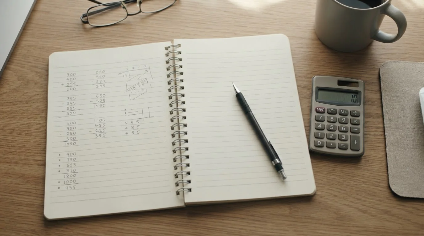 Aufgeschlagenes Notizbuch mit Stift und Taschenrechner zur Kostenanalyse