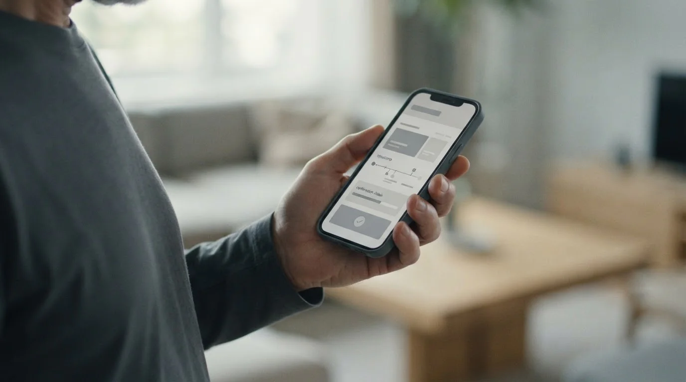 Smartphone zeigt Krypto-Transaktion mit Zeitstempel und Bestätigungsstatus