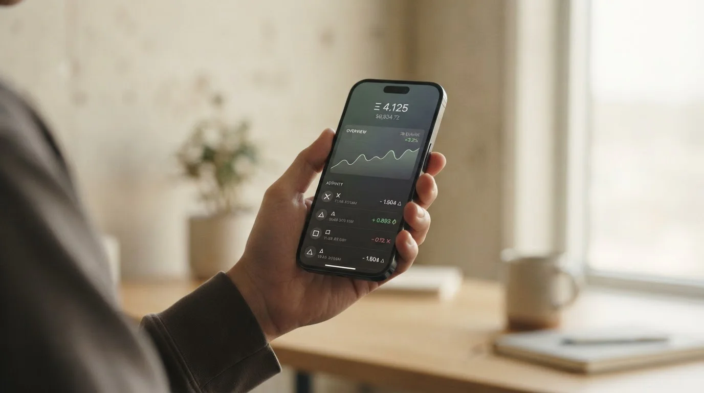 Smartphone mit abstraktem Krypto-Wallet-Interface auf minimalistischem Hintergrund