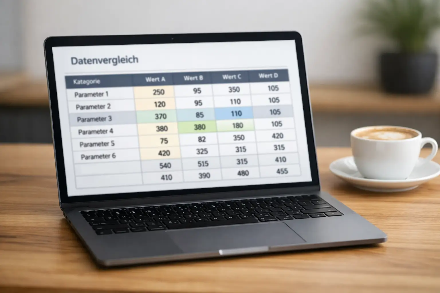Laptop zeigt &uuml;bersichtliche Datenvergleichstabelle auf dem Bildschirm