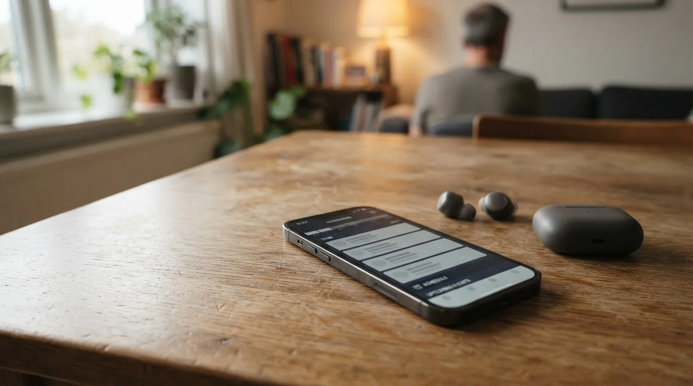 Smartphone mit neutraler Sport-App auf dem Bildschirm, daneben Kopfh&ouml;rer auf Holztisch