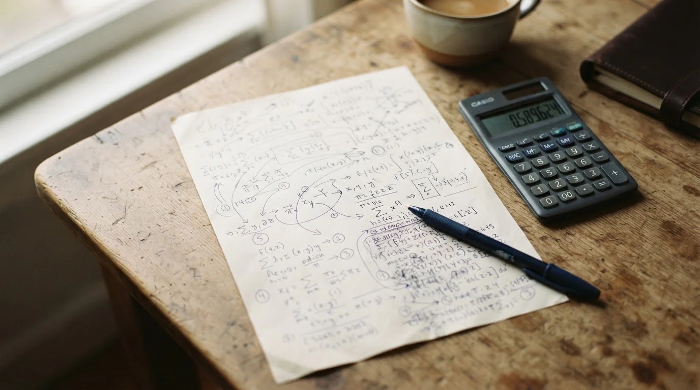 Handschriftliche Berechnungen und Notizen auf Papier neben Taschenrechner
