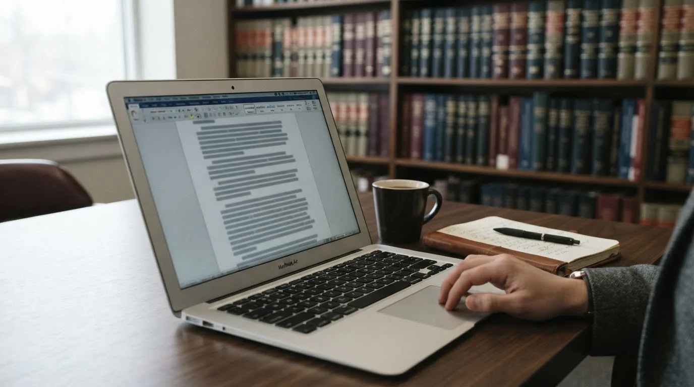 Laptop mit abstraktem Gesetzestext und Paragrafenzeichen im Hintergrund