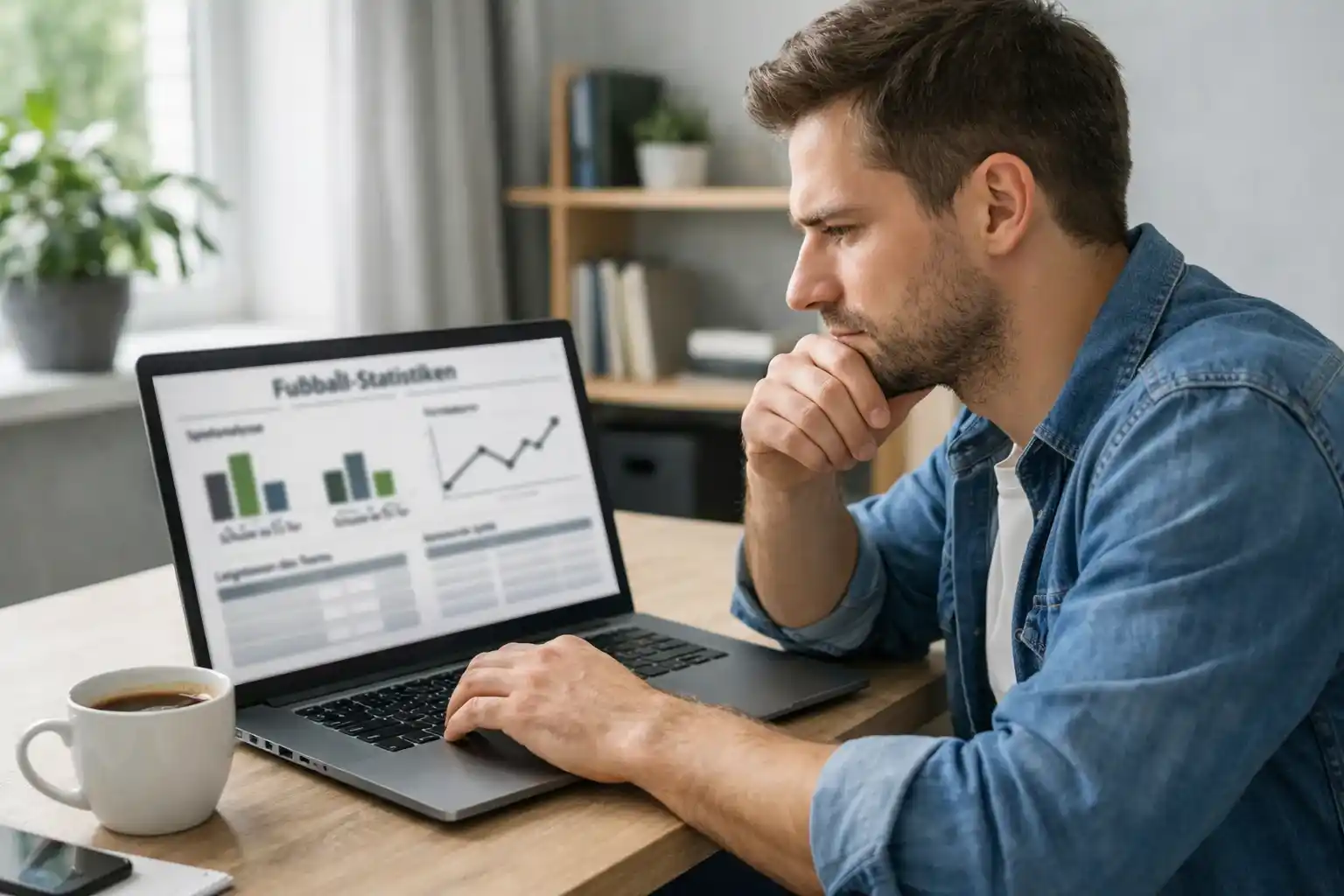 Mann sitzt konzentriert vor einem Laptop und analysiert Fußball-Statistiken
