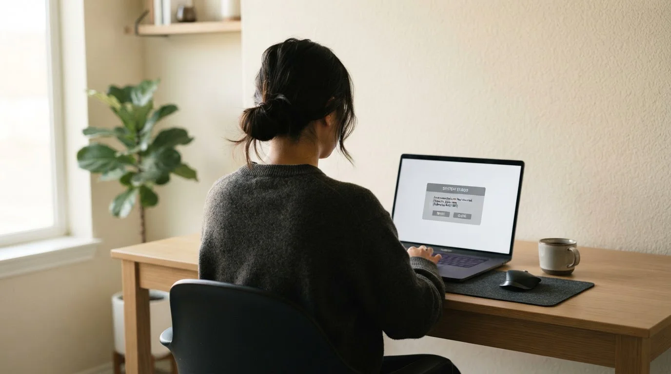 Person vor Laptop mit Fehlermeldung bei Auszahlungsversuch