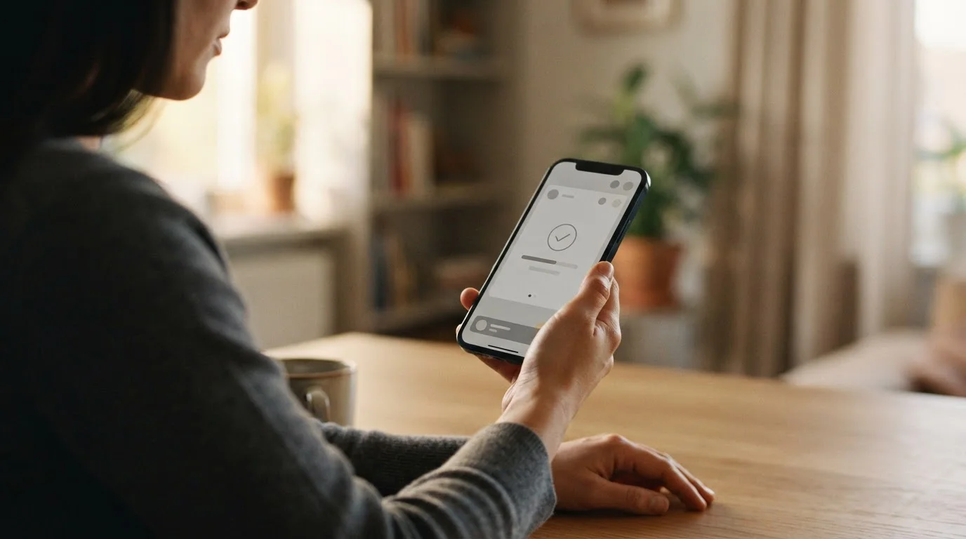 Hand hält Smartphone während Zahlungsvorgang, Bildschirm zeigt abstrakten Bestätigungsdialog
