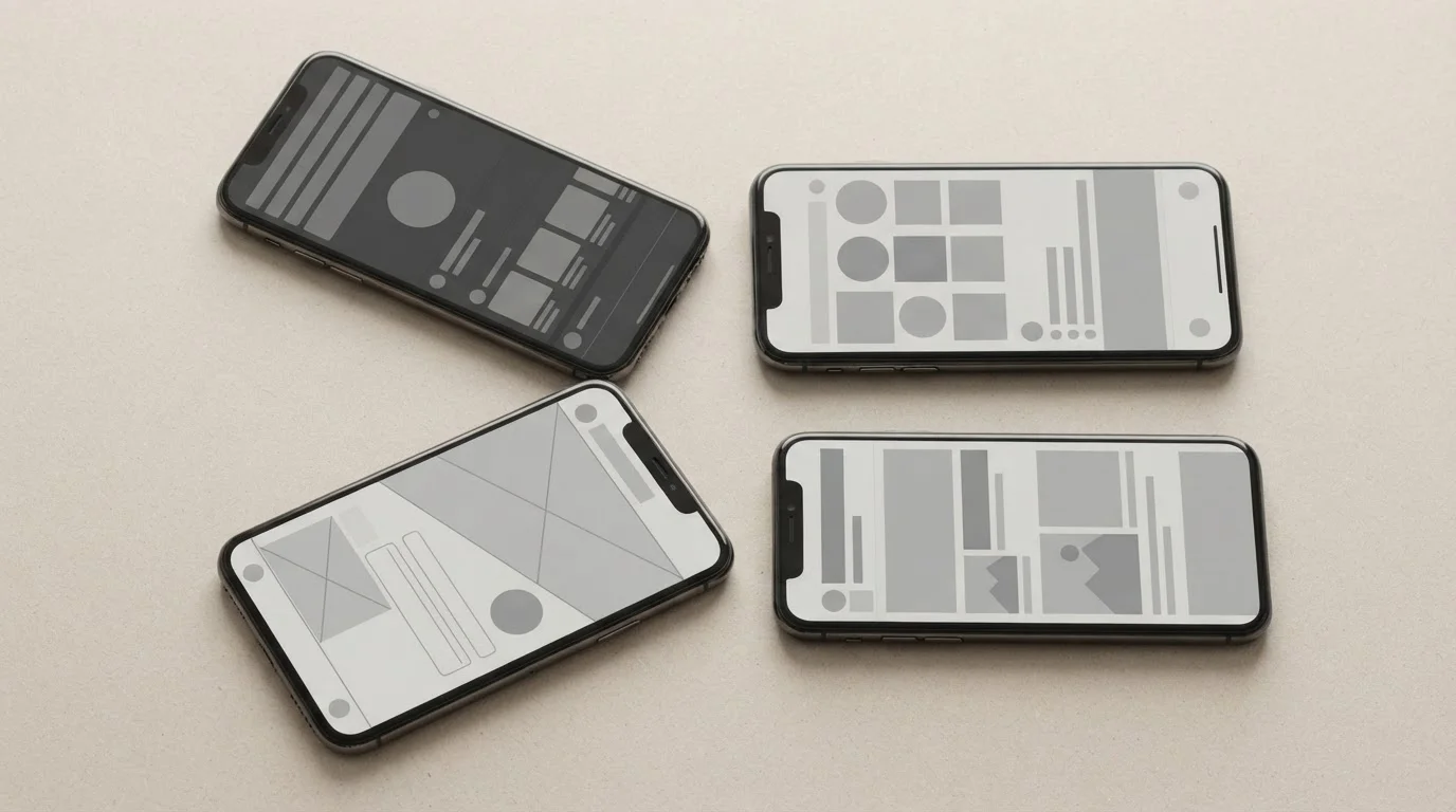 Mehrere Smartphones nebeneinander auf neutraler Fläche, jedes zeigt unterschiedliche App-Oberfläche