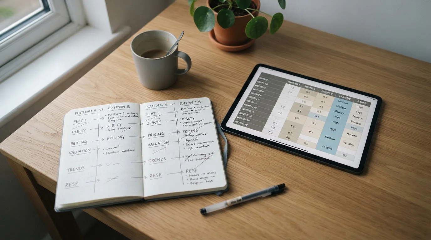 Schreibtisch mit Notizen und Tablet, das verschiedene Wettanbieter-Daten vergleicht