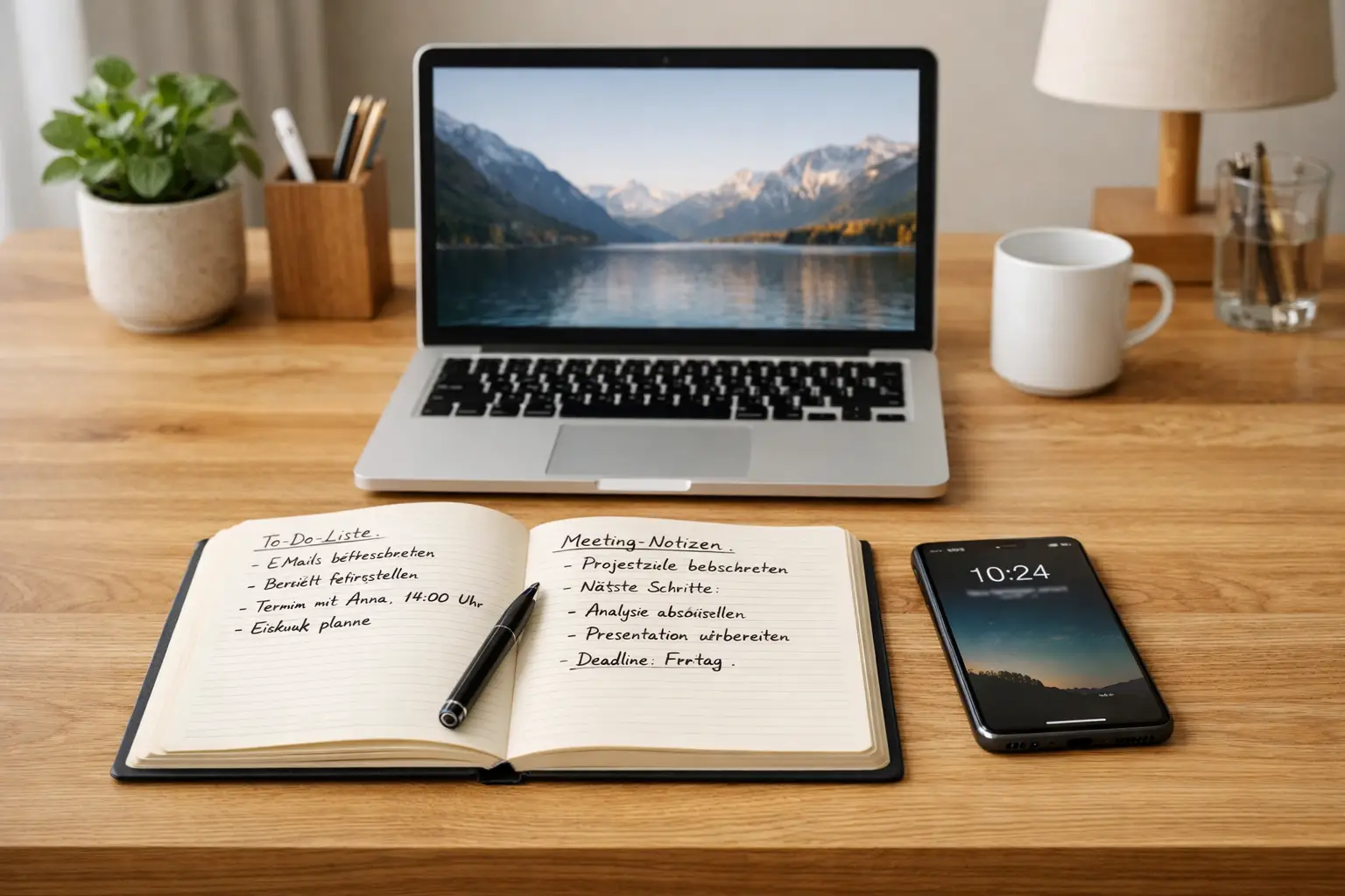 Aufger&auml;umter Arbeitsplatz mit Notizbuch und Laptop