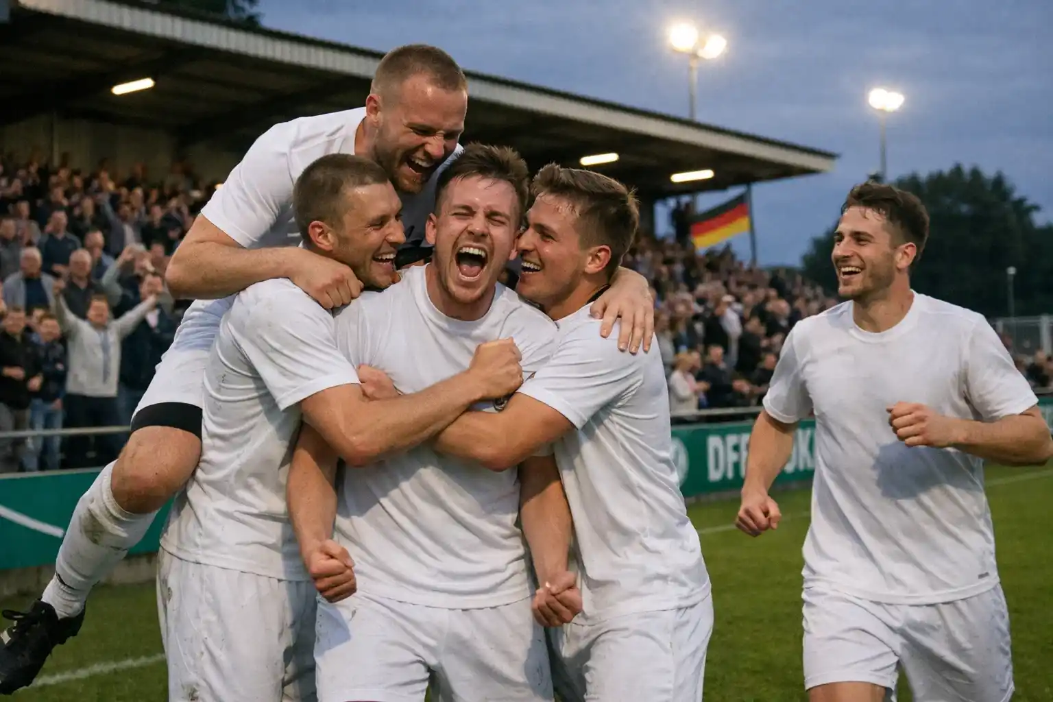 Spieler eines Amateurvereins jubeln nach einem Torerfolg gegen einen Bundesligisten im DFB-Pokal