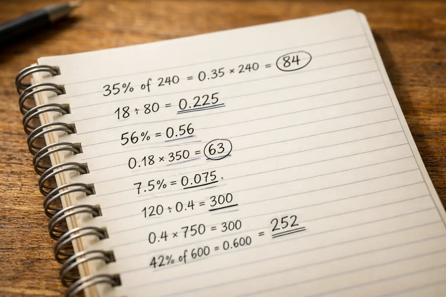 Nahaufnahme eines Notizbuchs mit handgeschriebenen mathematischen Berechnungen und Prozentzeichen