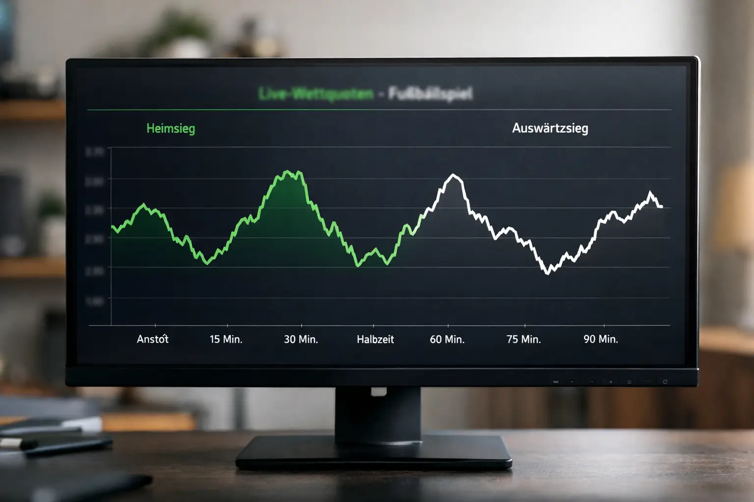 Bildschirm zeigt einen Liniengraph mit Quotenver&auml;nderungen w&auml;hrend eines Fu&szlig;ballspiels