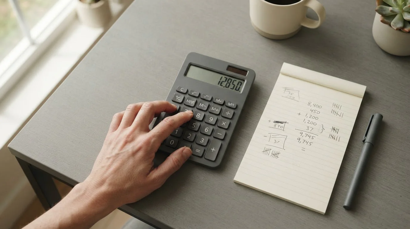 Taschenrechner und Notizen auf Schreibtisch bei der Berechnung von Wettkosten und Gebühren