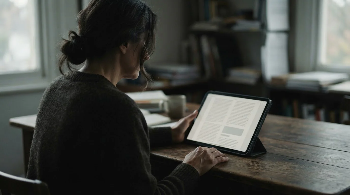 Person liest Gesetzestext auf Tablet in ged&auml;mpftem Licht, von hinten fotografiert