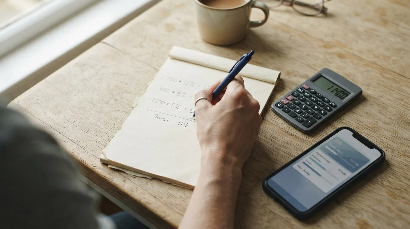Nahaufnahme einer Hand mit Stift neben Taschenrechner und Notizblock mit Prozentangaben