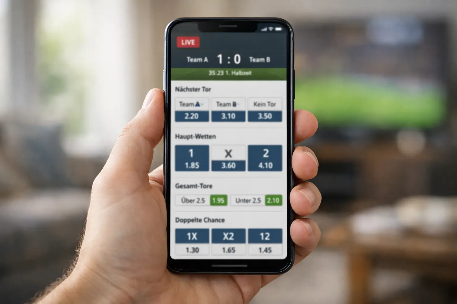 Hand h&auml;lt ein Smartphone mit einer ge&ouml;ffneten Sportwetten-App w&auml;hrend eines Spiels