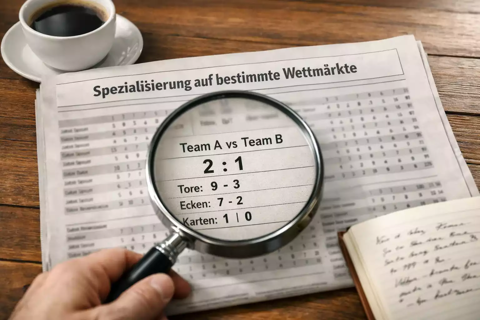 Fokussierter Blick auf ein Fußballspiel der 2. Bundesliga durch eine Lupe