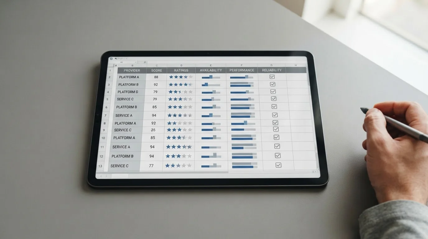 Vergleichstabelle mit Testergebnissen von Sportwetten-Apps auf einem Tablet-Display