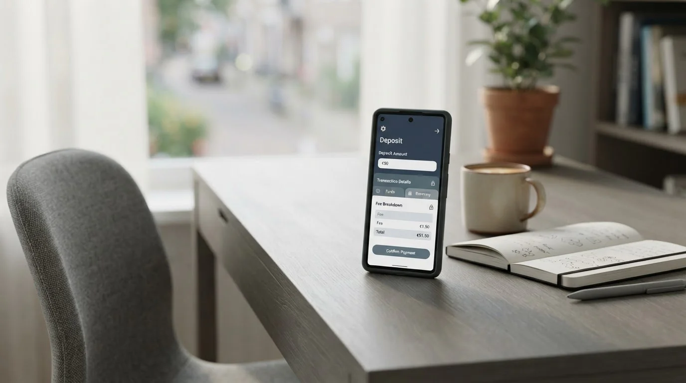 Smartphone mit neutraler Wett-App zeigt Mindesteinzahlung und Gebührenstruktur auf hellem Schreibtisch