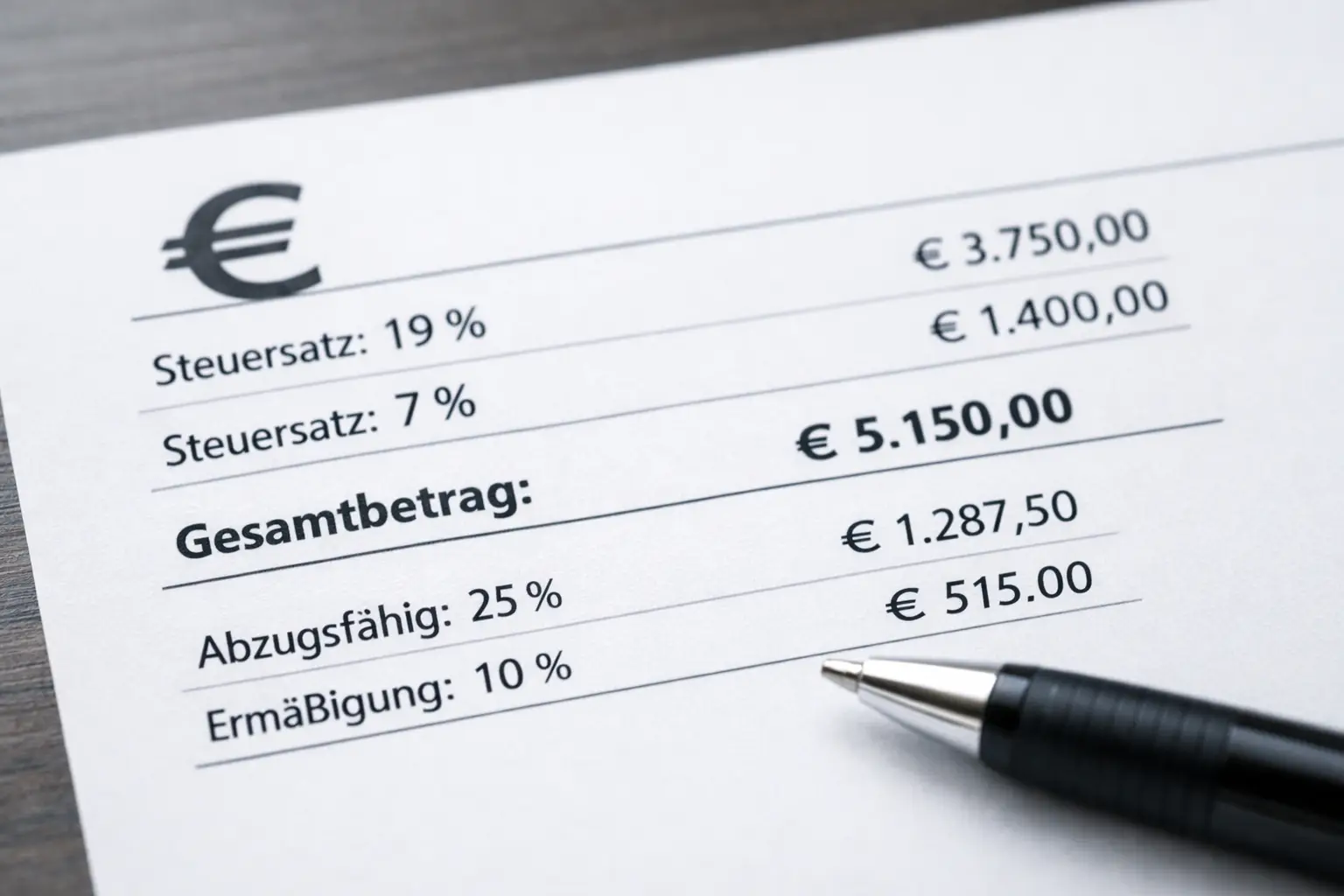 Nahaufnahme eines offiziellen Dokuments mit dem Euro-Symbol und Prozentangaben zur Steuer