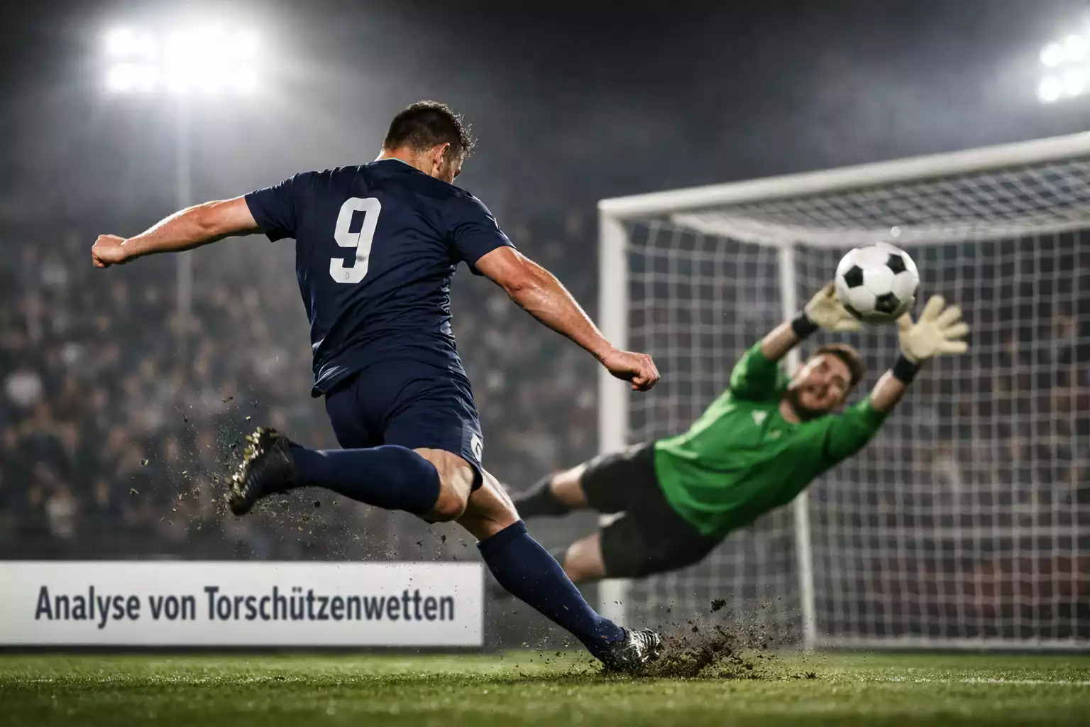 Stürmer schießt auf das Tor, dramatische Beleuchtung im Stadion