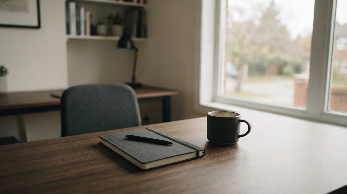 Leere Kaffeetasse und geschlossenes Notizbuch auf einem aufger&auml;umten Schreibtisch