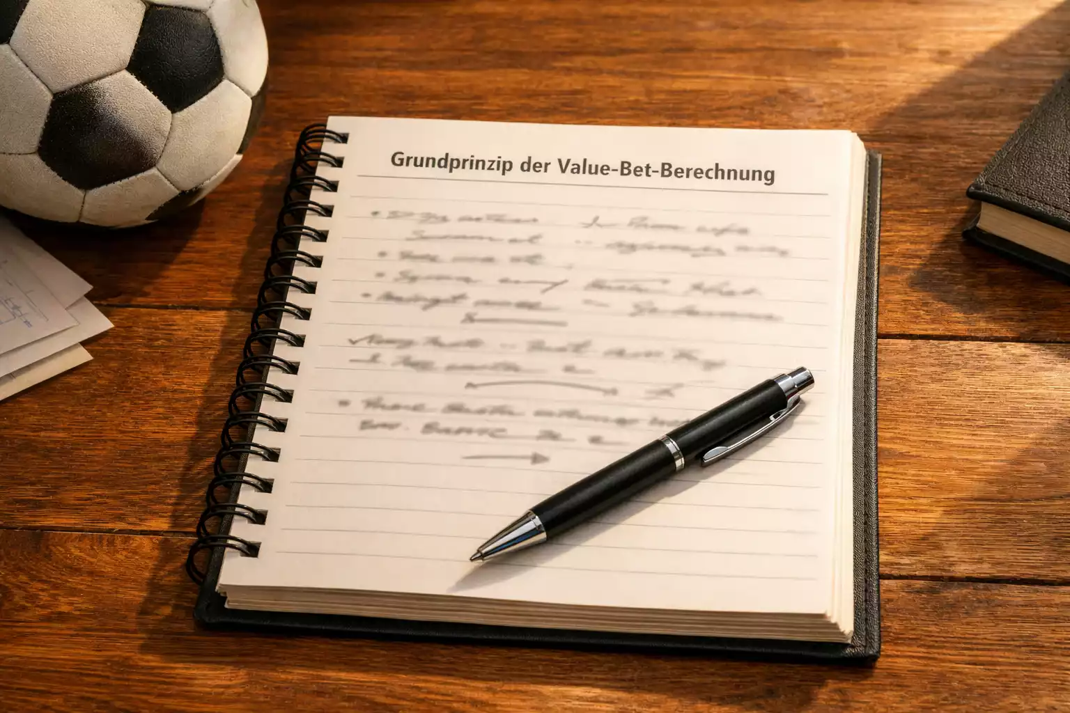 Notizbuch mit Stift neben einem Fußball auf dem Schreibtisch