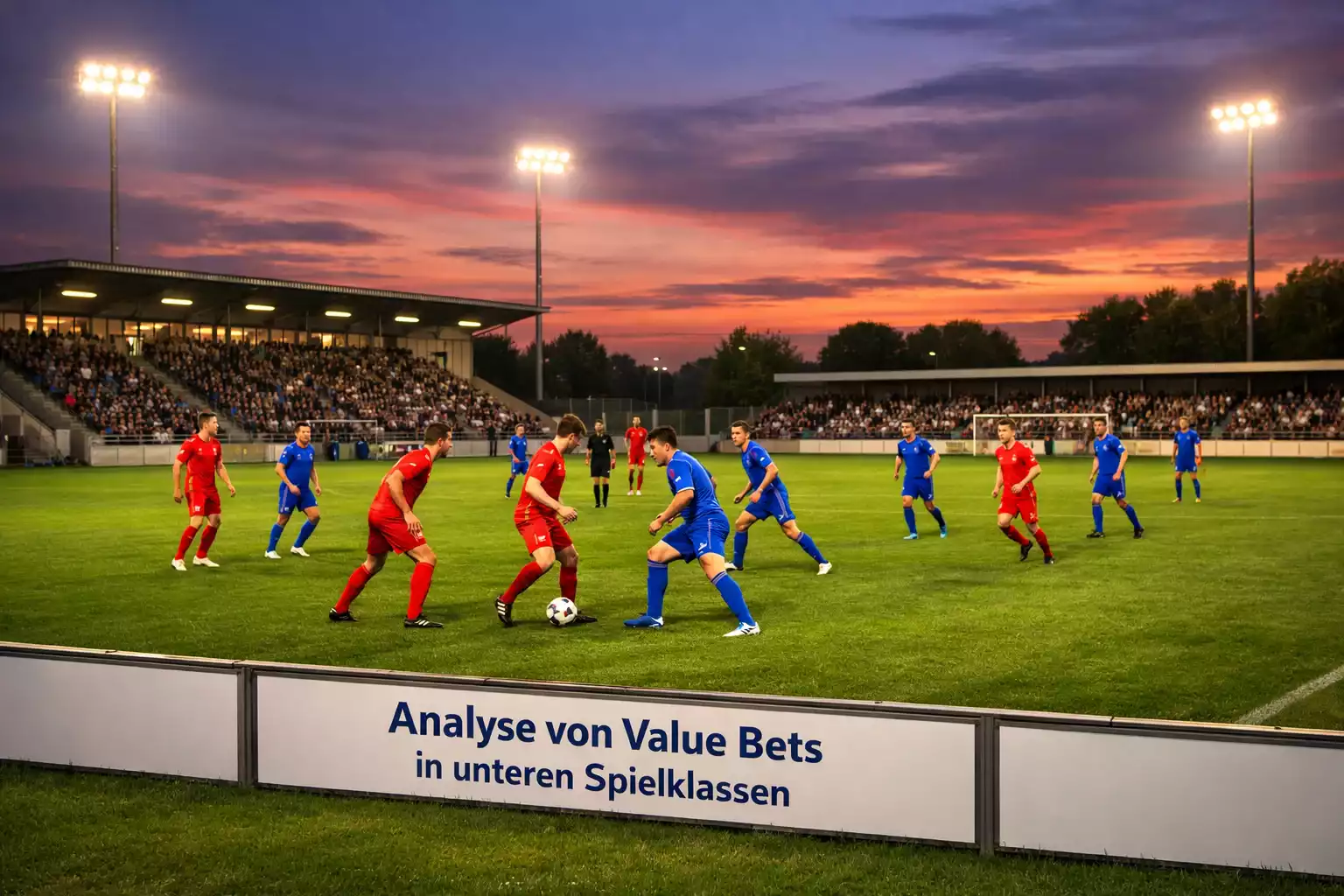 Kleines Fußballstadion einer Regionalliga bei Abenddämmerung