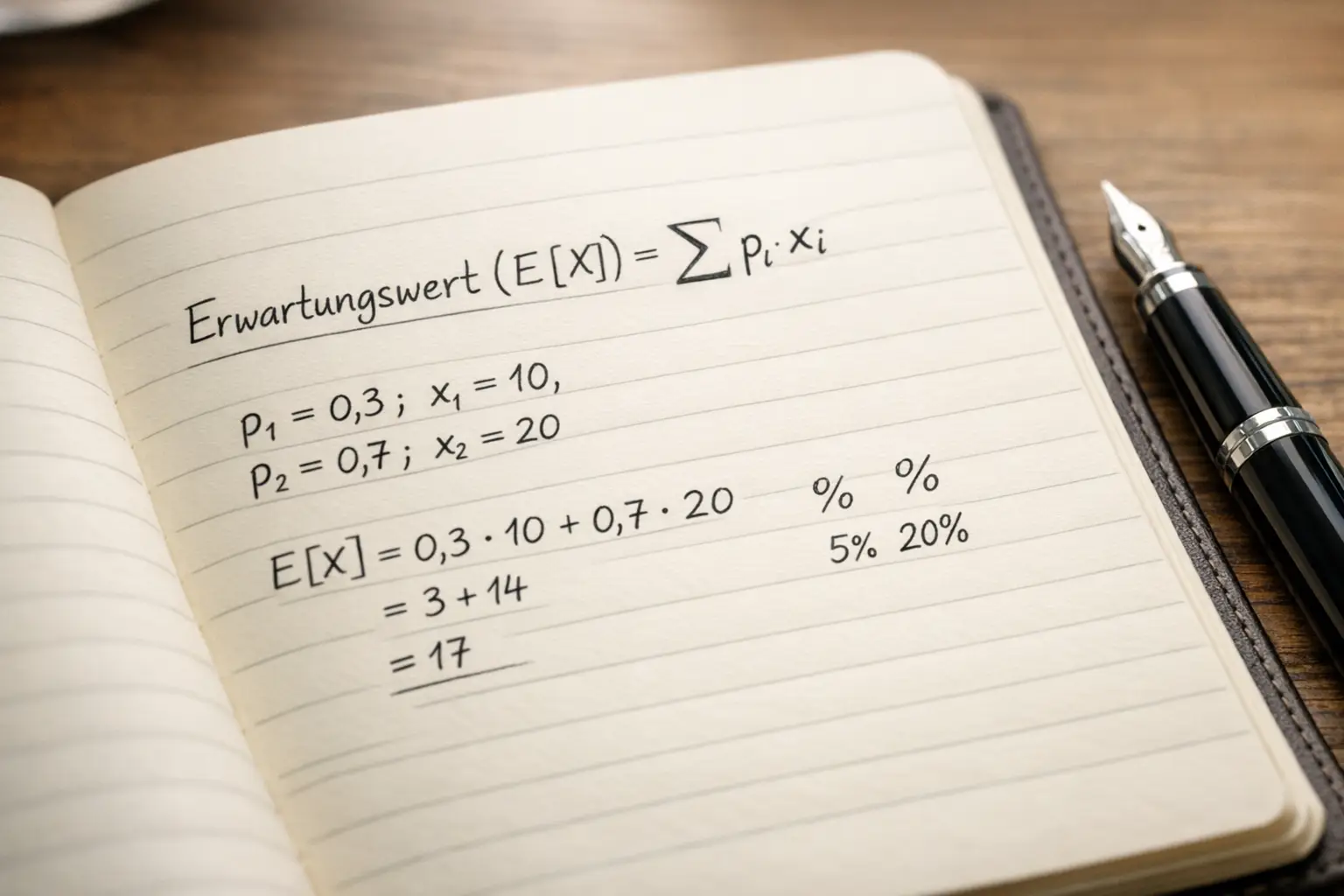Aufgeschlagenes Notizbuch mit handgeschriebener mathematischer Formel und Berechnungen