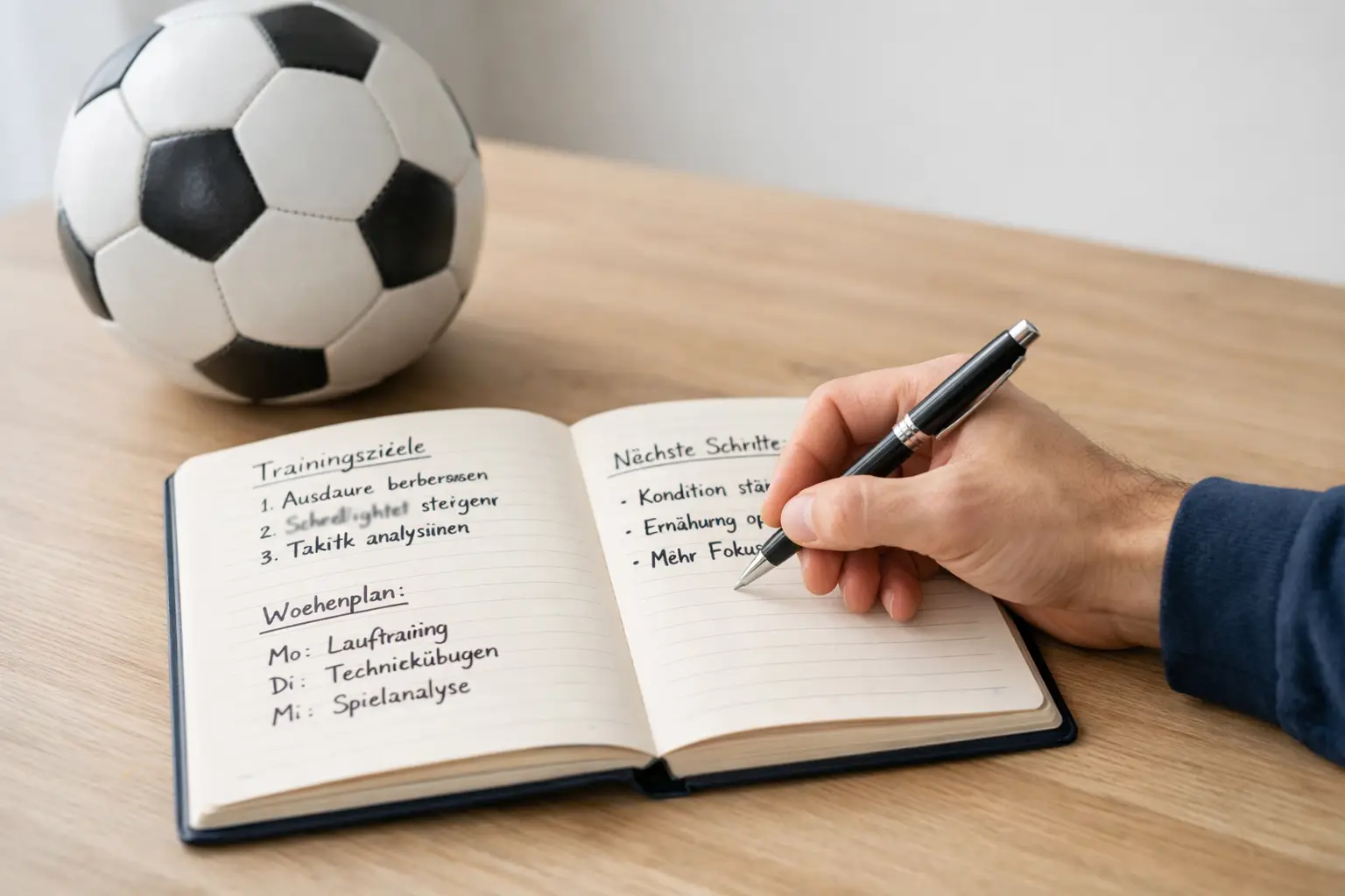 Person macht sich Notizen in einem Notizbuch w&auml;hrend sie einen Fu&szlig;ball auf dem Tisch betrachtet