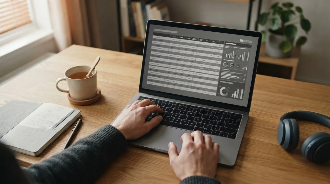 Laptop mit neutraler Vergleichstabelle auf dem Bildschirm, H&auml;nde am Trackpad