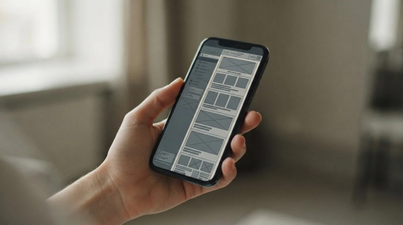 Smartphone-Bildschirm zeigt abstraktes App-Interface mit Menüstruktur