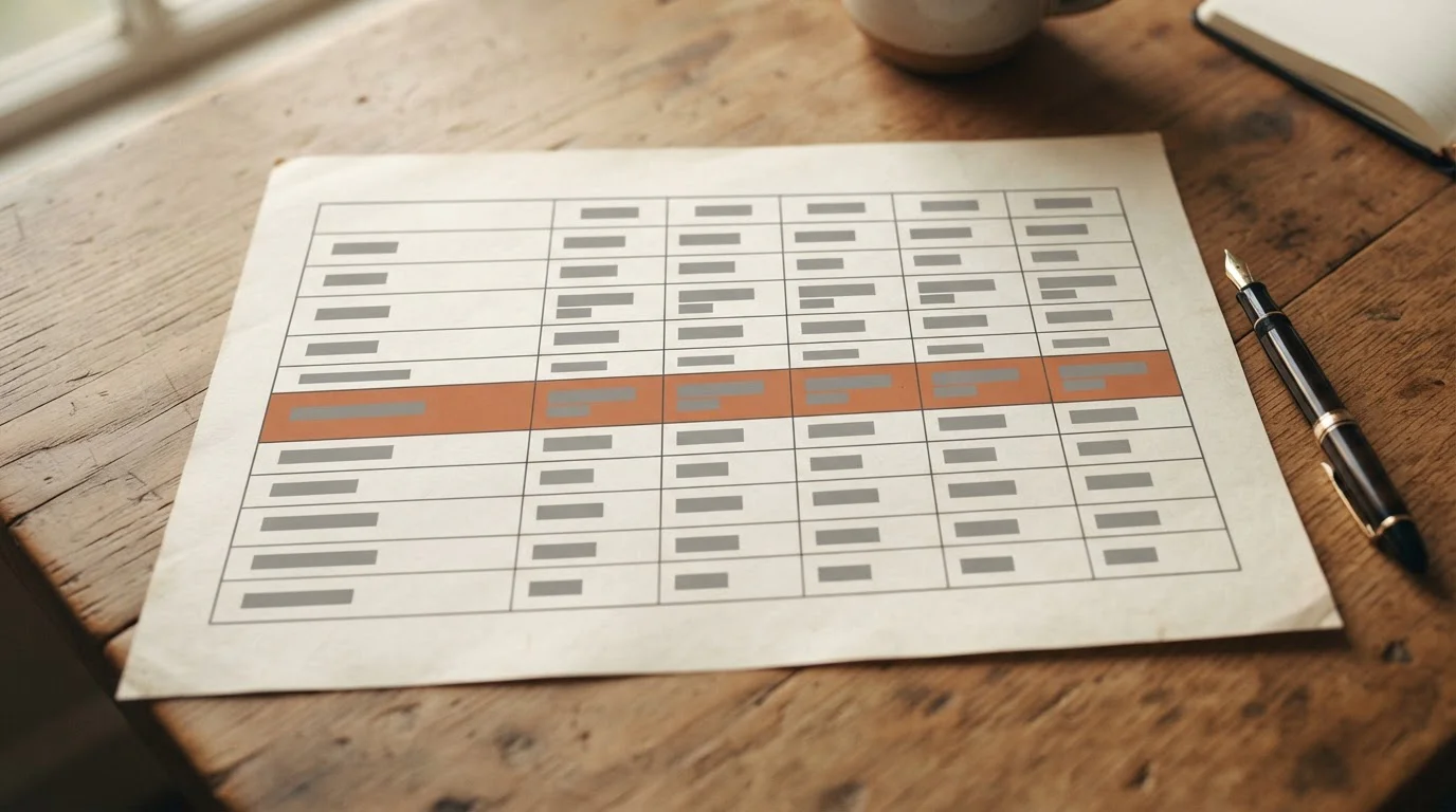 Vergleichstabelle auf Papier mit verschiedenen Wett-Apps und Bewertungskriterien