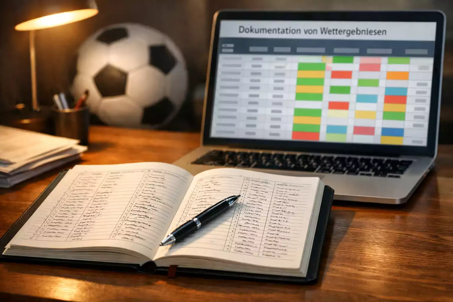 Notizbuch mit handgeschriebenen Wettanalysen neben einem Laptop mit Tabellen