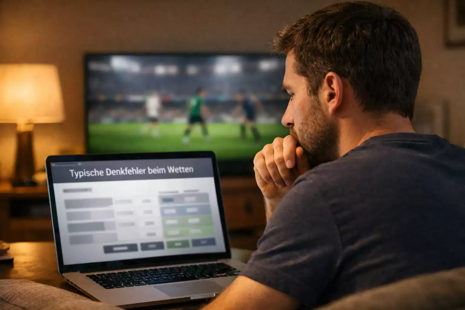 Nachdenklicher Mann analysiert Sportwetten-Quoten auf seinem Laptop