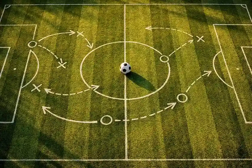 Fußballfeld von oben mit strategischen Linien und Analyse-Elementen