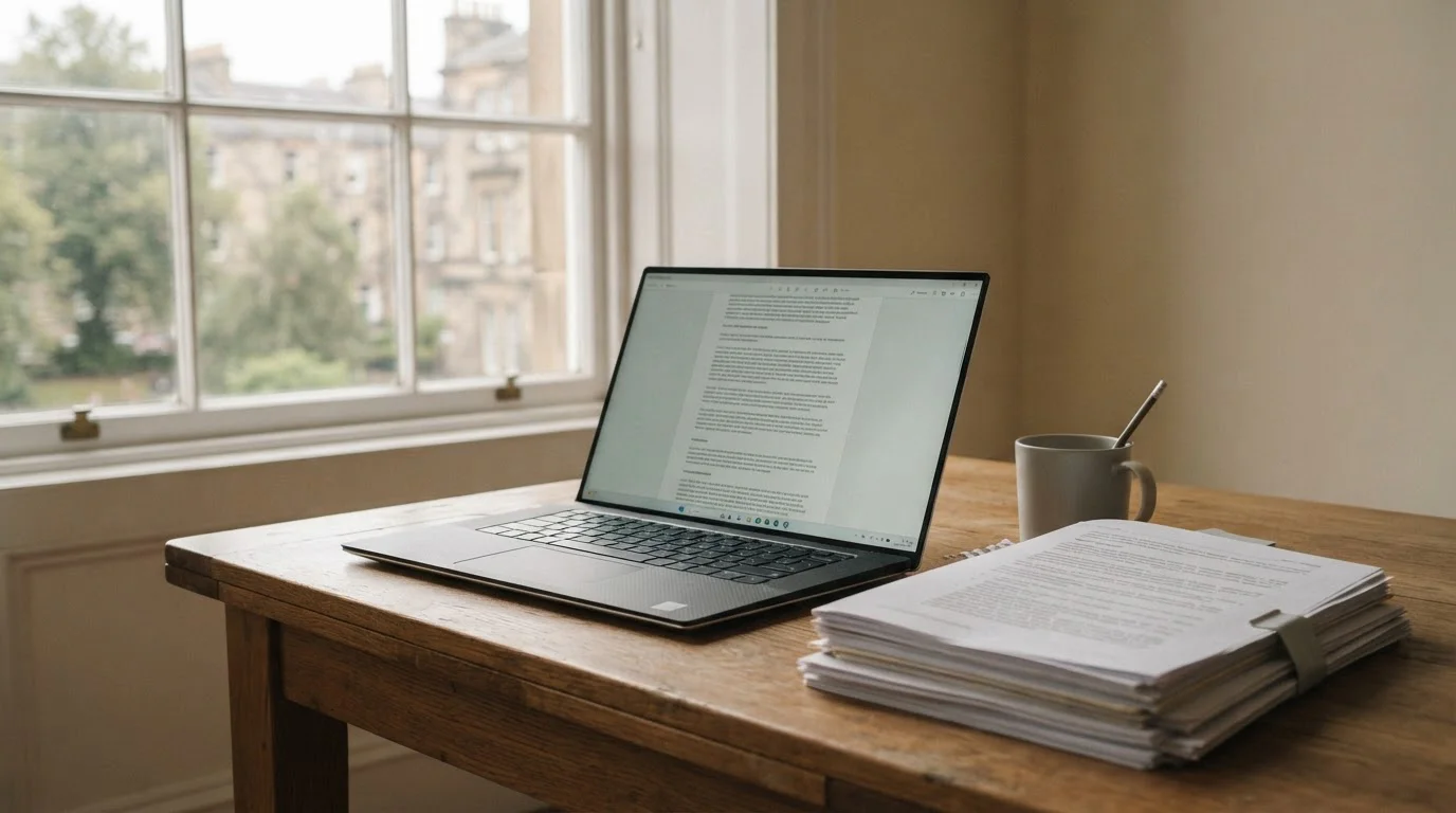 Ge&ouml;ffneter Laptop mit n&uuml;chternem Dokument auf dem Bildschirm, Papiere daneben auf dem Tisch