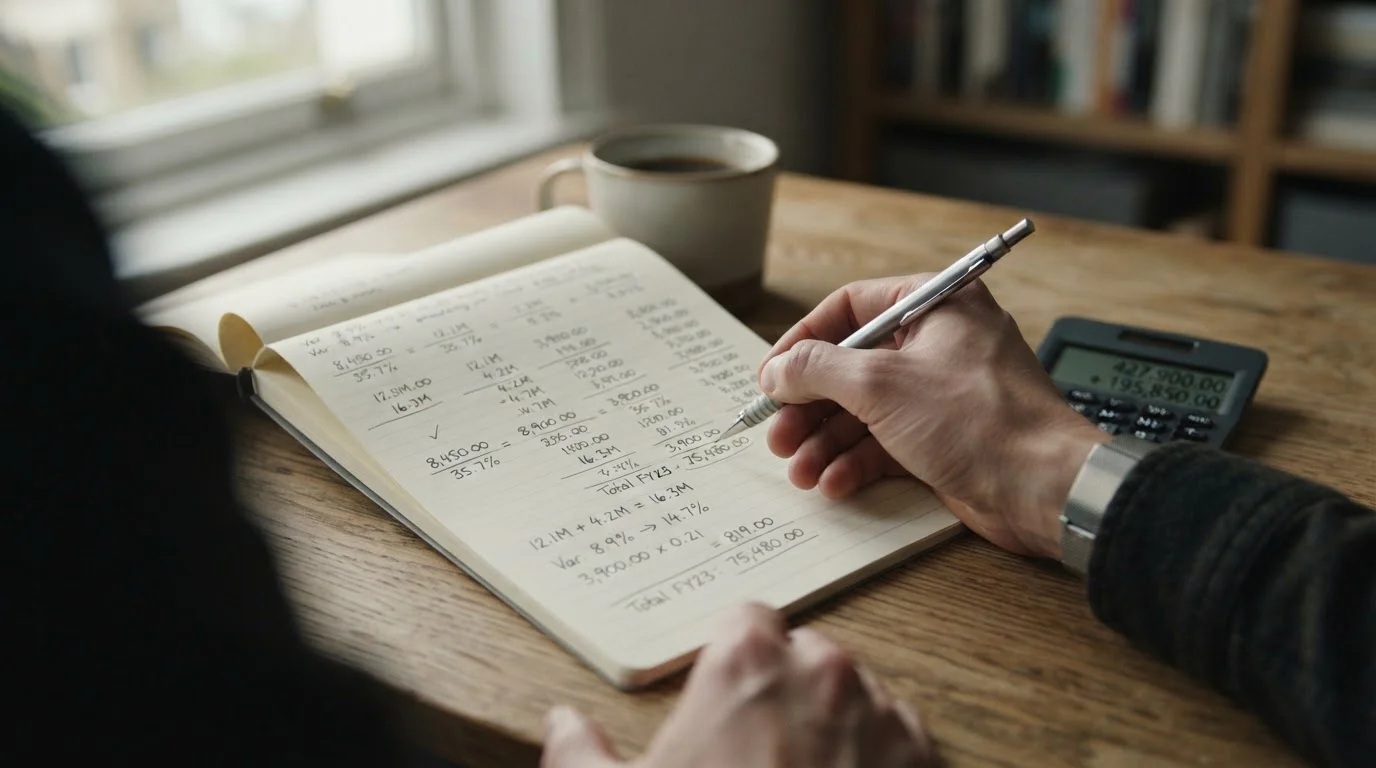 Handschriftliche Kalkulation auf Papier, Taschenrechner und Stift zeigen Bonusberechnung mit Wettsteuer
