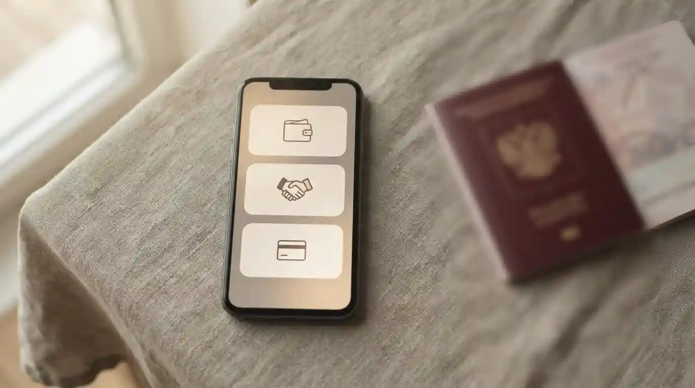 Smartphone mit Zahlungsoptionen und Ausweisdokument im Hintergrund