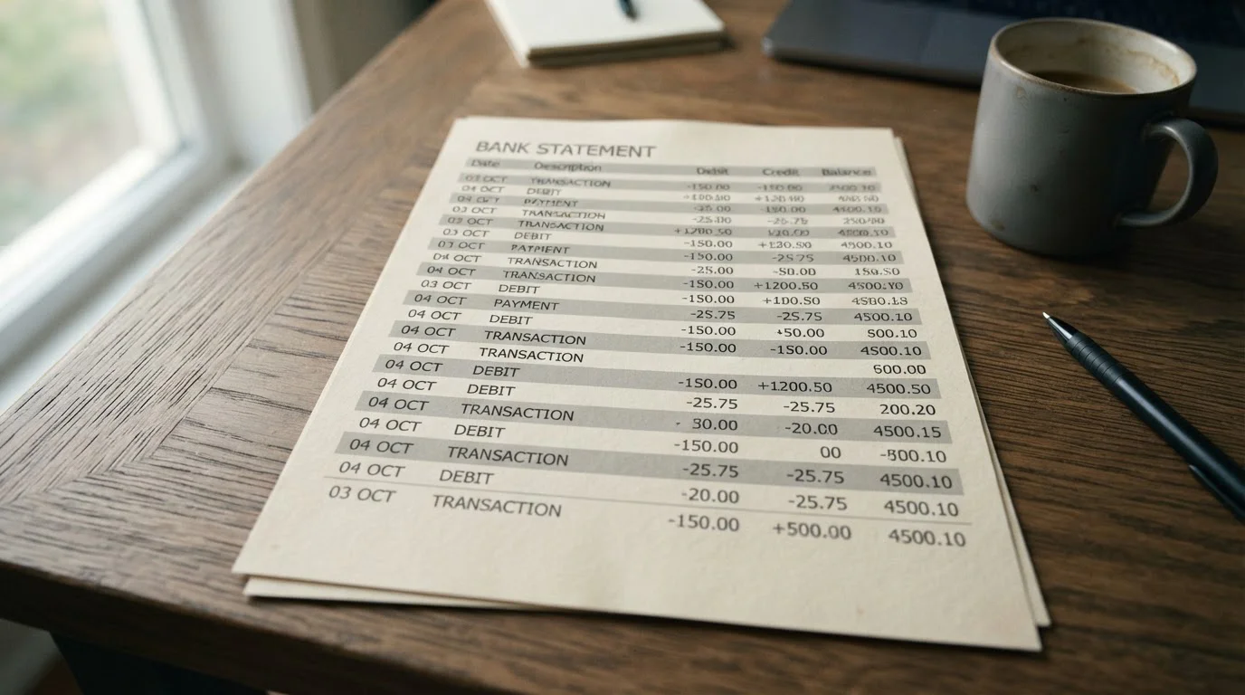 Bankauszug mit abstrakten Transaktionszeilen auf einem Tisch
