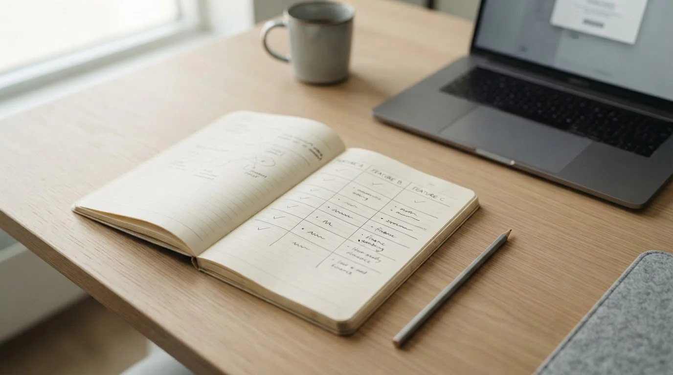 Aufgeschlagenes Notizbuch mit handschriftlicher Tabelle und Laptop im Hintergrund